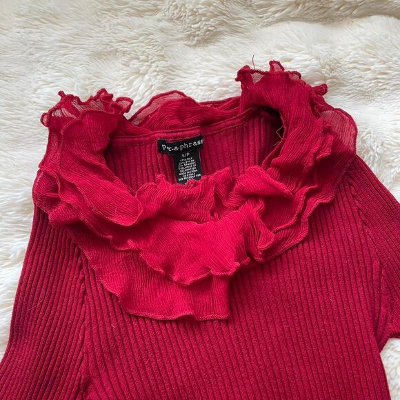 Y2K Red Long Sleeve Frilly Blouse - Picture 2 of 4